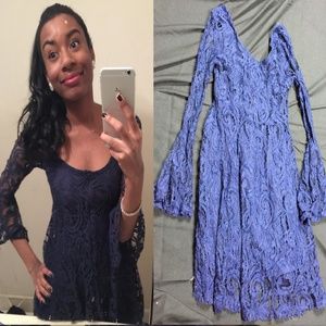 Dark Blue Long Sleeve Flower Lace Top